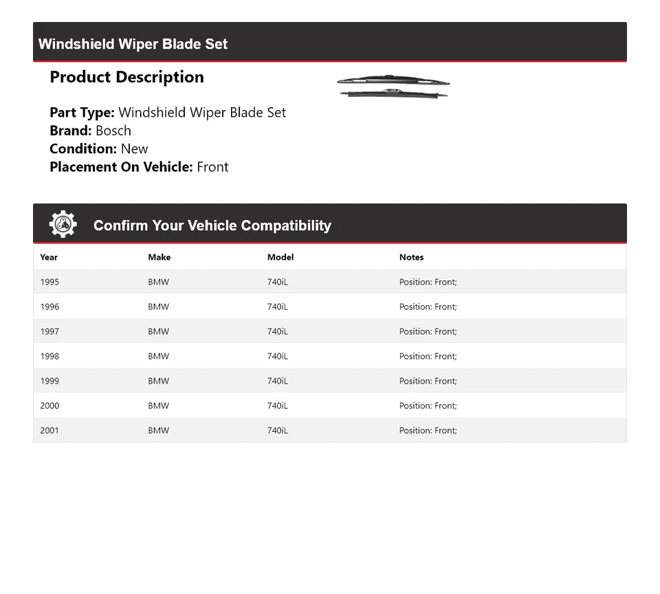 Juego de limpiaparabrisas delantero para BMW 740iL Bosch 1995-2001 1996 1997 1998 Foto 2 de 3