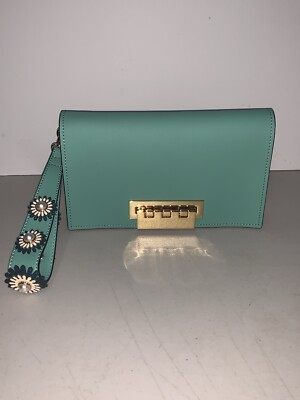 ZAC POSEN FLOWERS WRISTLET CLUTCH GREEN GOLD HARDWARE