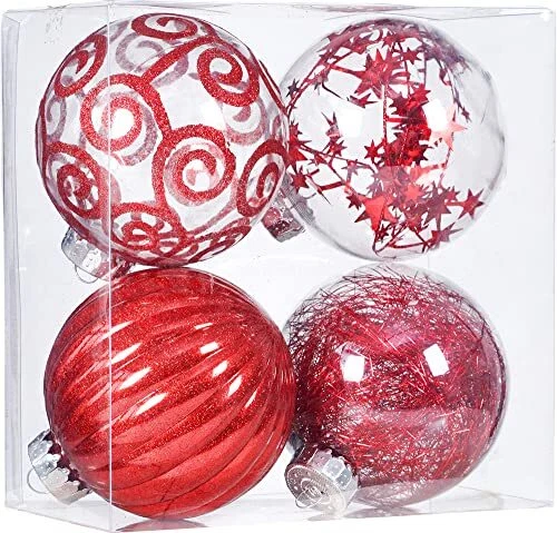 4ct Christmas Ball Ornaments Set Large Clear Plastic 100MM 3.94