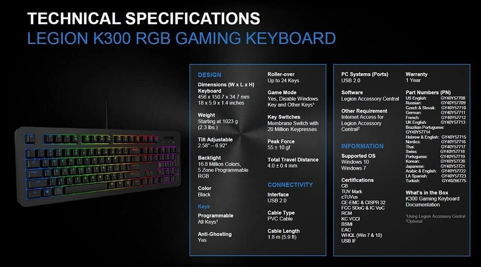 Lenovo Legion K300 RGB Gaming Keyboard - UK English GY40Y57713 Brand New Sealed - Image 2 of 3