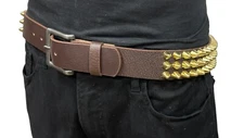 Brown THREE Row Gold UK77 CONE Stud Belt Leather Handmade Studded Belt Punk Goth