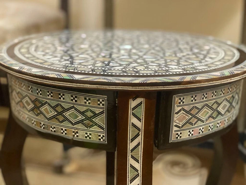 Handmade Wooden End Table Carving Wood Table Home Decor Mother of Pearl Inlay - Image 3 of 4