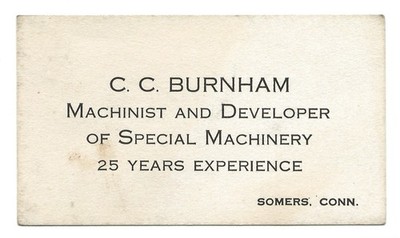 1890s C.C. Burnham machinist, business card,  Somers, Connecticut history