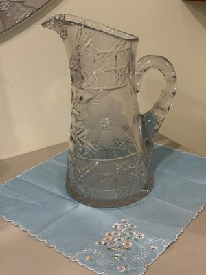VTG Heavy Cut Etched Crystal Pitcher With Handle 10  Tall