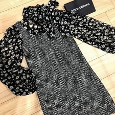 Dolce & Gabbana Bowtie Tweed Knit Dress Long Sleeve Flower Black Size38 Women