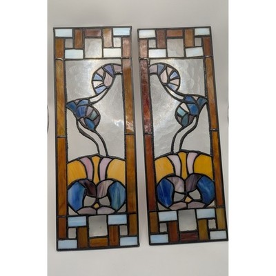 Floral Stained Glass Window Panels Pair 5x14'' Each Vtg Art Nouveau Suncatchers