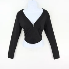 Shein Cropped Shirt Womens L Black Polyester Long Sleeves Ribbed Zipper V-Neck