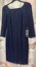 New ADRIANNA PAPELL Navy Embroidered Lace Lined Cocktail Midi Dress Blue Sz 2 P