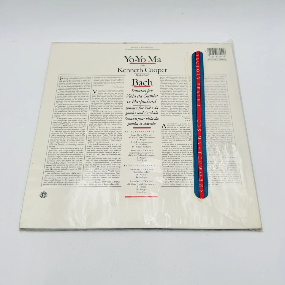 Yo-Yo Ma Kenneth Cooper Bach Sonatas NM With Original Inner & Outer sleeve - Image 2 of 4