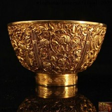 5"Marked China dynasty Bronze 24k gold Gilt lotus bird statue Tea cup Bowl Bowls