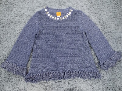 Ruby Rd. Sweater Womens Medium Dark Blue Acrylic Metallic Blend Knit Fringe Bead
