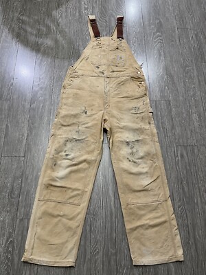 Carhartt ベージュ オーバーオール 38x32 Vintage Carhartt Classic R01 BRN Double Knee Duck Bib Overalls