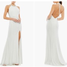 NWT Mac Duggal Beaded Halter Neck Side Slit Gown White  Size 6    #B841