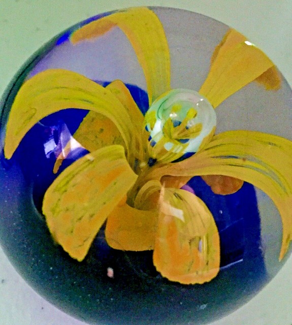 Hand Blown Art Glass Paperweight Yellow Flower Floating Above Royal