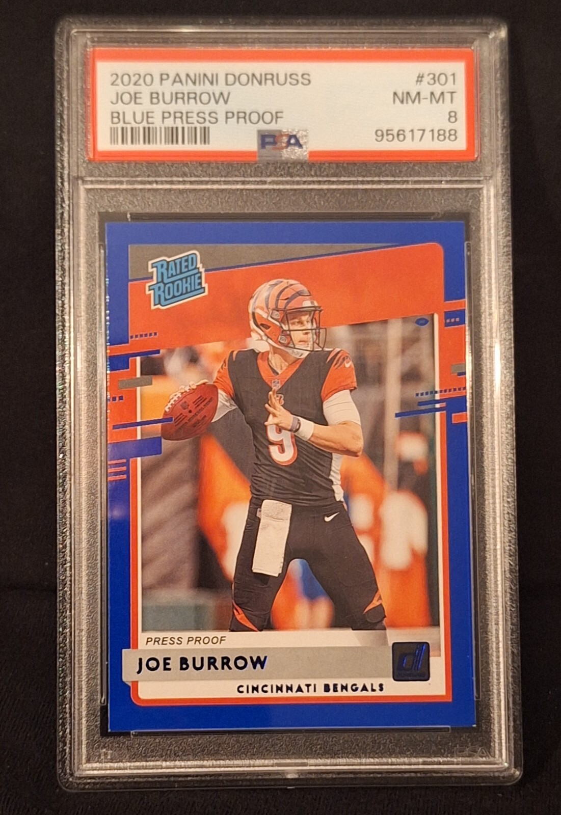 2020 DONRUSS JOE BURROW RATED ROOKIE BLUE PRESS PROOF #301 PSA 8 NM-MT BENGALS