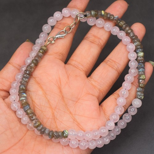 Rose Quartz&Labradorite 151 Cts Round Shape Beaded Beautiful Necklace VK 32 E529