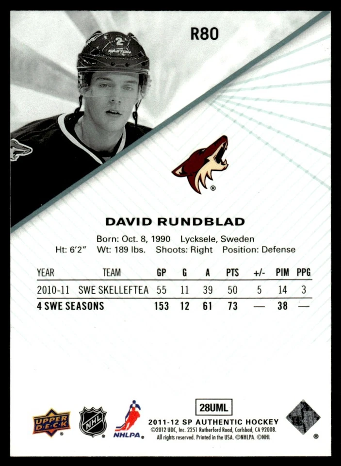 2011-12 SP Authentic Rookie Extended David Rundblad Phoenix Coyotes #R80 . - Image 2 of 2