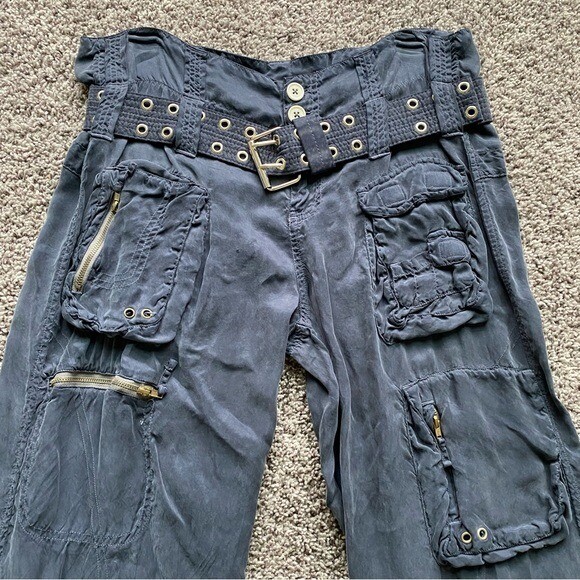 PETE & GRETA by JOHNNY WAS Y2K CUPRA POPLIN CARGO PANTS IN NAVY BLUE SZ 8