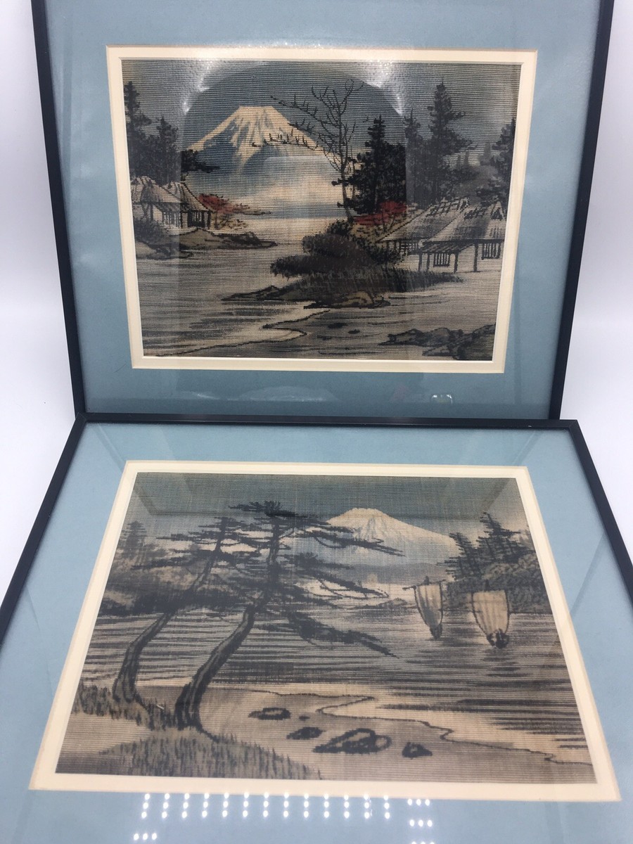 Pair 2 Vintage Japanese Paintings On Textured Fabric- Framed