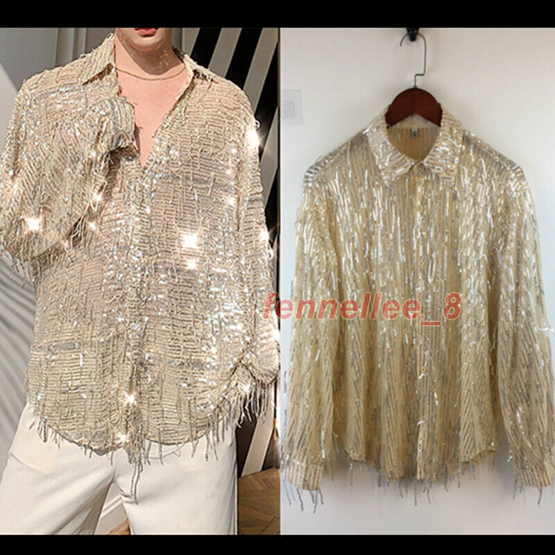 Men's Sequin Perspective Fringe Shirt Loose Long Sleeve