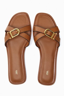 SANDALES FEMME ZARA NEUVES AVEC ETIQUETTE SS23 CUIR MARRON CROISÉ