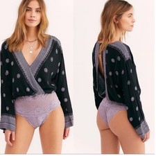Intimately Free People Large On Board V Neck Lace Printed Long Sleeve Bodysuit