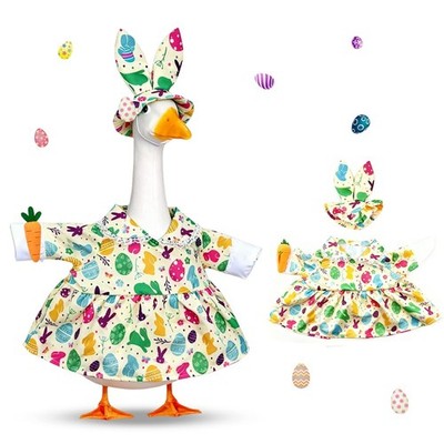 Easter Goose Outfit with Ruffle Skirt, Bunny Ears, and Egg Print Decor