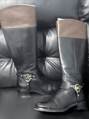 MICHAEL KORS Fulton Harness Women's Black LeatherMocha Top Tall Riding Boots 7.5