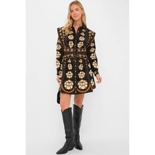 Farm Rio Tuckernuck Black Embroidered Flowers Topstitching Mini Dress XS
