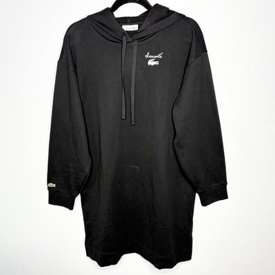 Lacoste Black Oversized Longline Hoodie Dress Script Logo Womens Size 36/4