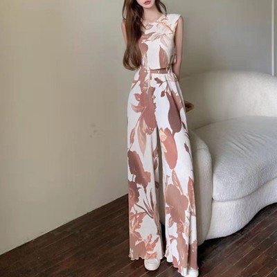 Ärmellose Weste weites Bein Hosenanzug bedruckt Set für Damen Sommer Style