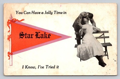 Postcard c1913 Pennant Man Woman Kiss Jolly Time Star Lake New York P886
