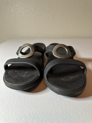 Crocs Black And Silver Slip On Sandals Size 9 - Picture 2 of 7