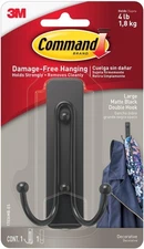 Large Matte Black Double Hook with Adhesive Strip