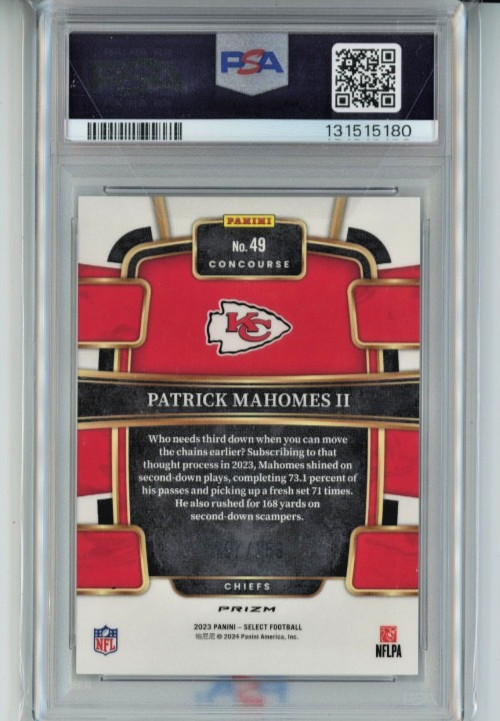 2023 Panini Select Concourse TRI-COLOR PRIZM Patrick Mahomes II #/259 PSA 10 GEM view 2