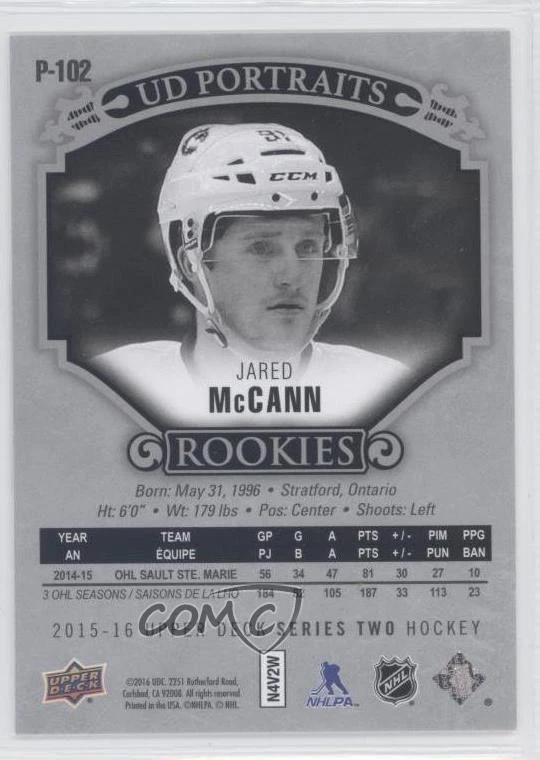 2015-16 Upper Deck UD Portraits Jared McCann #P-102 Rookie RC - Image 2 of 2