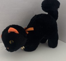 VTG Black Cat Plush 10 Gold Eyes Arched Back Halloween Kitty Orange Bow 90s