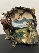 Vtg 3D Wilderness Bald Eagle & Wolf Pack Resin Sculpture Handpainted 8.5”H