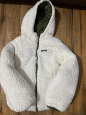 DKNY Boys Hooded Jacket White Sherpa Green Puffer Full Zip reversible