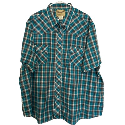 Wrangler Mens Shirt 3XL Turquoise Brown Pearl Snap Short Slv Pockets Collared