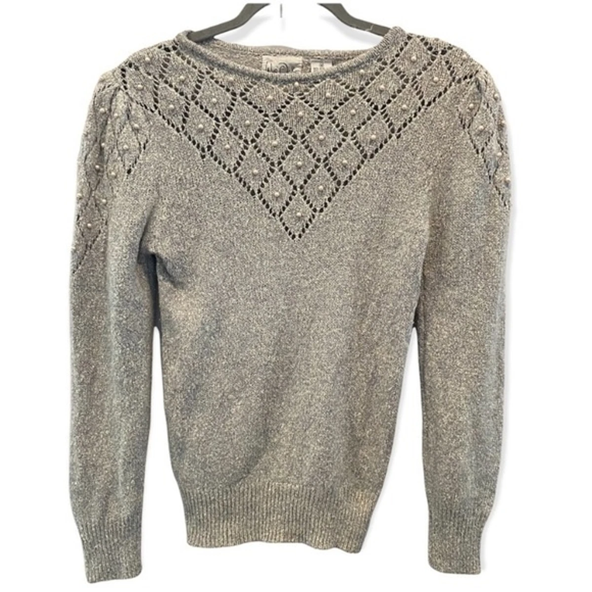 VINTAGE Angora Silk Blend Pointelle Knit Pearl Puff Sleeve Grannycore Sweater