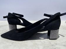 Nine West Black Suede Silver Glitter Heel Ankle Strap Pumps Pointed Toe 8.5