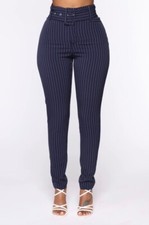 New Fashion Nova Navy Blue Striped Belted Straight Leg Pants S