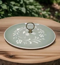 Harker Ware Provencial Tulip Tidbit Serving Tray Dish Metal Handle Green Vintage