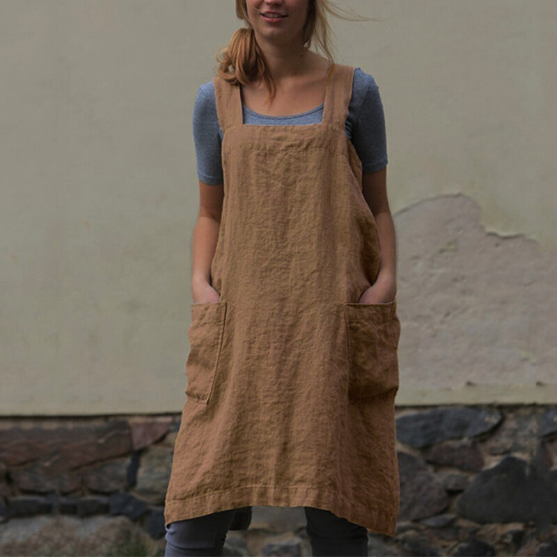 Women Cross Back Apron Cotton Dress Ladies Loose Home Cooking Florist Fashion