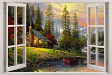 Image of Cabin In The Woods 3D Window View Decal WALL STICKER Decor Art Mural Scenic View