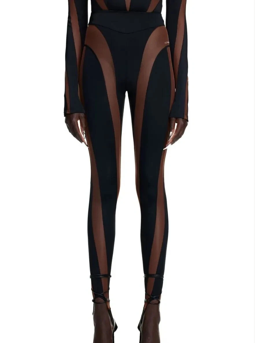 Mugler X H&M Black Brown Mesh Panel Stirrup Leggings UK 10 EU 38 US 6 SMALL  BNWT