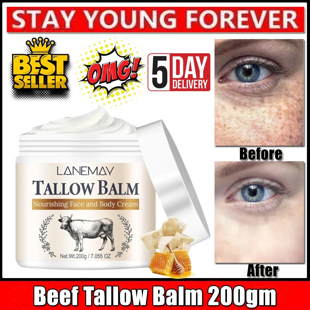 Sebo de res para piel -Orgánico pasto-Alimentado con sebo de res batido y bálsamo de miel 200 g