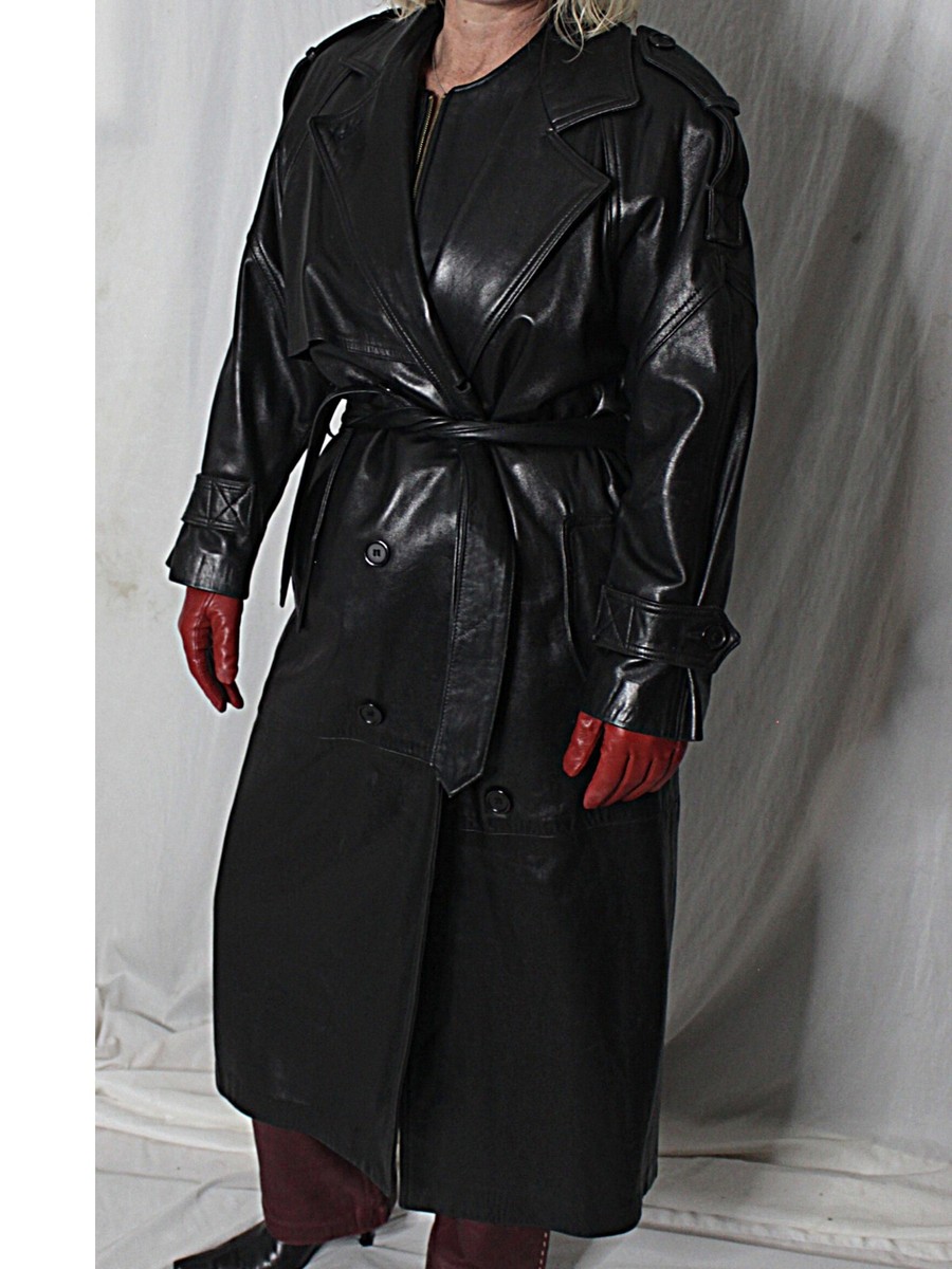 ジャケット・アウター 80s Vintage Classic Super Long Coat. Womens Leather Trench Coat Black S-M-L Long SOFT Lambskin Vintage