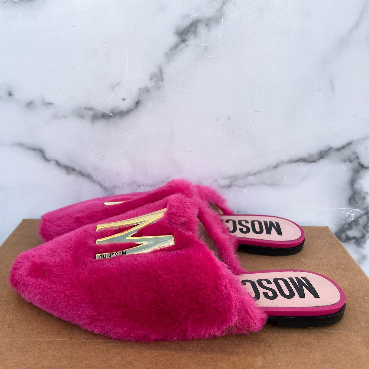Moschino logo-plaque pointed-toe pink faux-fur mules slipper size